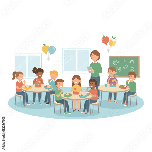Diverse Group Of Children Celebrating A Birthday Party In A Classroom With A Teacher Holding A Tablet And Balloons Floating Above