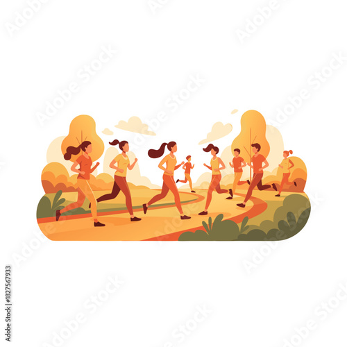 Diverse group of friends in athletic wear jogging together along a scenic park pathway surrounded by vibrant autumn foliage and blooming flowerbeds during a sunny day outdoor fitness activity