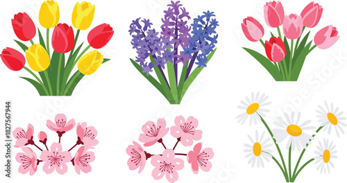 Cute spring garden flower collection in pastel flat vector style, ideal for greeting cards, stickers, and seasonal design