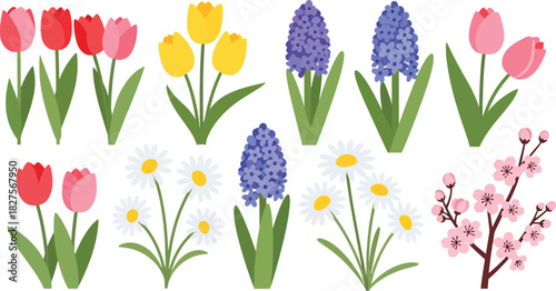 Cute spring garden flower collection in pastel flat vector style, ideal for greeting cards, stickers, and seasonal design