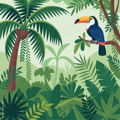 A vibrant illustration of a tropical jungle featuring rich greenery and a majestic toucan perched on a branch, depicting the beauty of nature and wildlife.