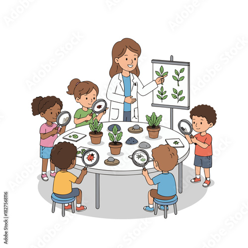 Diverse group of young students and a teacher examining plants with magnifying glasses in a classroom science lesson with clear bright lighting and simple flat cartoon illustration style