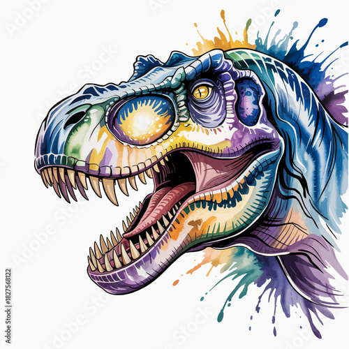 A vibrant and stylized depiction of a Tyrannosaurus Rex showcases its fierce expression and intricate details, merging creativity with the grandeur of dinosaurs.