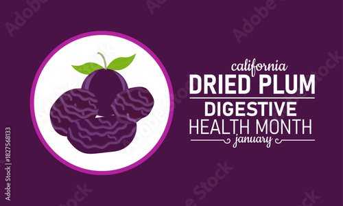 California Dried Plum Digestive Health Month Poster Banner and Background Design Template Featuring Prunes Fruit Illustration for Nutrition Wellness Gut Health Support and Digestive Awareness Theme