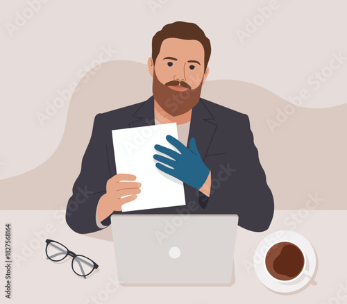 A focused professional man working at a desk, reviewing important documents with a laptop and a cup of coffee, representing dedication and diligence in his work.