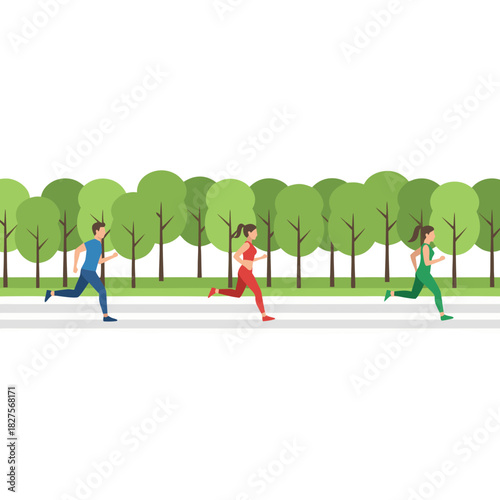 Diverse Group Running on Bicycle Path in Lush Green City Park With Tall Trees and Clear Sky Flat Design