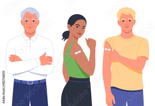 A diverse trio of people proudly displaying their vaccination band-aids, symbolizing health awareness and collective efforts in combating diseases for a better future.