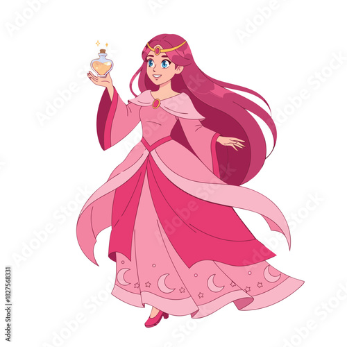 Enchanting Young Sorceress With Long Flowing Pink Hair Wearing A Detailed Pink Gown And Holding A Small Potion Bottle In Her Hand Magical Fantasy Character Illustration On Black Background