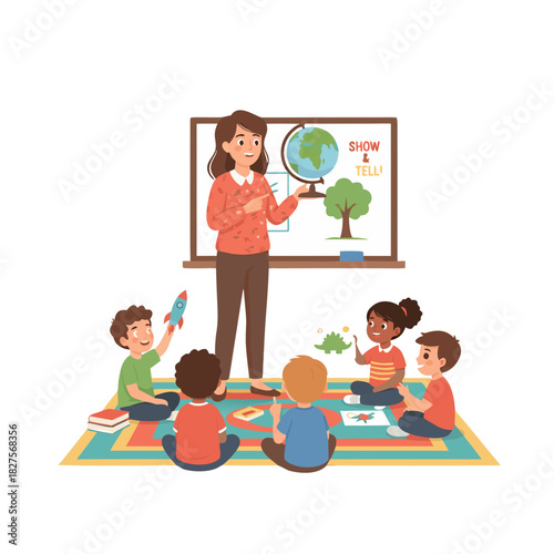 Enthusiastic Teacher Awards Golden Stars to Diverse Students in a Bright Classroom During a Geography Lesson Featuring a Globe and a Tree Illustration on the Whiteboard