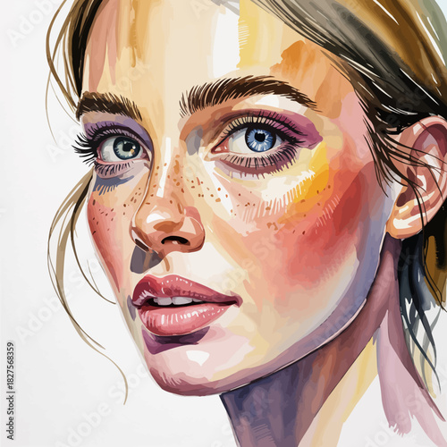A captivating close-up portrait showcasing a woman with striking blue eyes, natural freckles, and a soft complexion, conveying elegance and beauty through refined artistry.