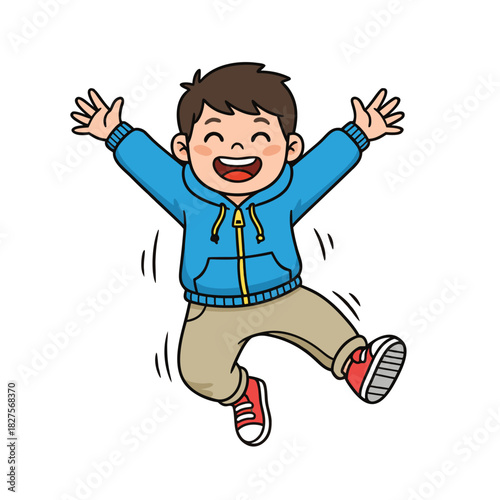 Excited Young Boy In A Blue Hoodie And Khaki Pants Jumping With Joy And Arms Raised In A Playful Pose With A Happy Expression And Open Mouth