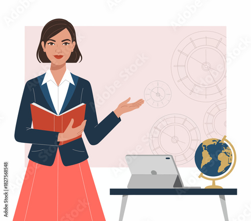 This image features a confident female educator, stylishly dressed, presenting in a classroom that includes a globe and tablets, emphasizing learning and engagement.