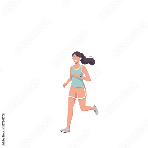 Fit Woman Enjoys a Solo Morning Jog Through a Peaceful Residential Park with Lamp Posts and Greenery in Soft Daylight