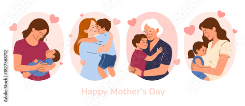 A collection of affectionate moments between mothers and their children celebrating Mother's Day, highlighting love and cherished family bonds in soft, illustrative art.