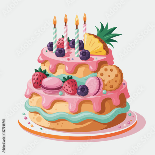 This vibrant three-tiered birthday cake is adorned with colorful frosting, fresh fruits, and lit candles, creating a festive atmosphere perfect for celebrations and joy.