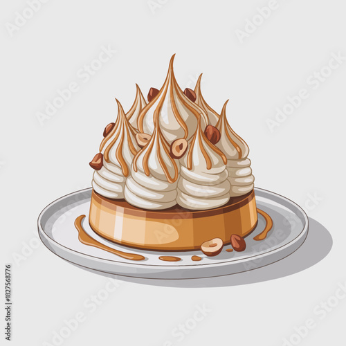 An appealing depiction of a rich, creamy cake topped with fluffy swirls and drizzled with caramel, enticing viewers with its decadent look and delightful taste.