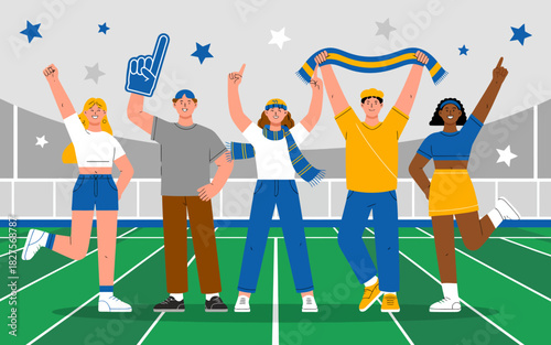 A lively group of sports fans cheering with excitement, showcasing team spirit and camaraderie at a sporting event, capturing the essence of sports culture and celebration.