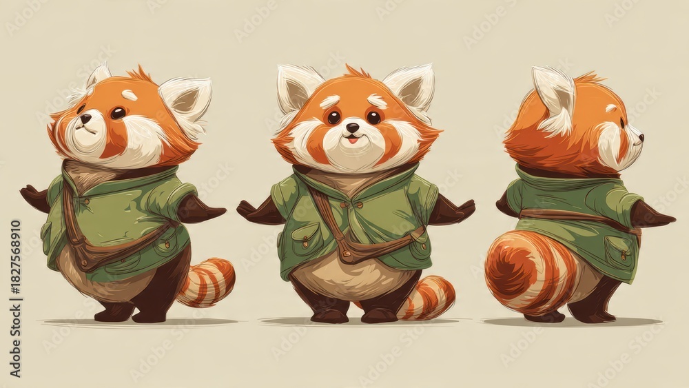 Fototapeta premium Cute red panda cartoon character in green jacket, front and back view, adorable design