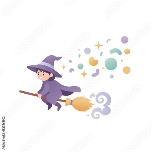 Flat Design Vector of a Young Witch in a Purple Robe and Hat Flying on a Broomstick Conjuring Colorful Swirling Snowflakes and Stars Against a Black Background