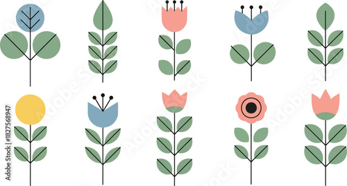 Scandinavian style floral vector elements with soft pastel tones and simple geometric shapes