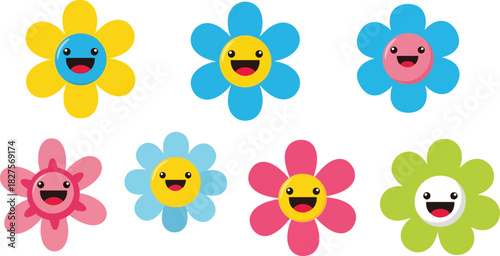Playful cartoon flower icons with smiling faces in bright flat vector style for kids projects and fun designs