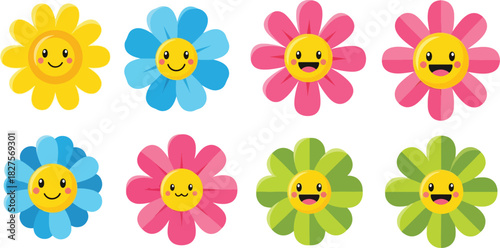 Playful cartoon flower icons with smiling faces in bright flat vector style for kids projects and fun designs