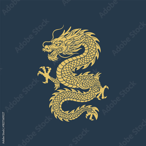 Intricate golden dragon with detailed scales and a powerful pose, displayed against a deep blue background for a bold and traditional look.