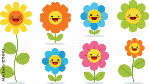 Playful cartoon flower icons with smiling faces in bright flat vector style for kids projects and fun designs