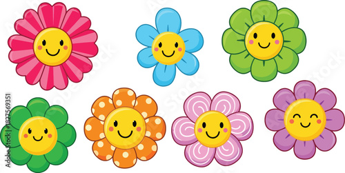 Playful cartoon flower icons with smiling faces in bright flat vector style for kids projects and fun designs