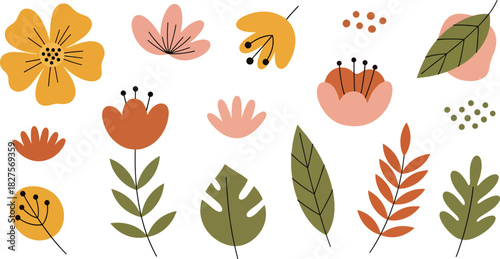 Bohemian floral illustrations in earthy colors and flat vector style, perfect for aesthetic creative projects
