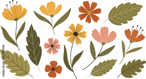 Bohemian floral illustrations in earthy colors and flat vector style, perfect for aesthetic creative projects