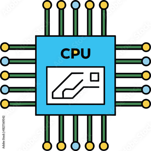 Illustration of a central processing unit chip with pins, representing computer hardware and processing power, isolated on white background