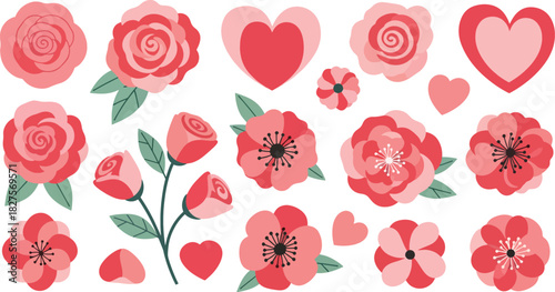 Romantic floral vector set in red and pink tones, ideal for weddings, Valentine’s Day, and love-themed graphics