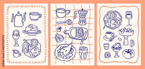 Doodle food, breakfast card designs in modern scribble style. Kitchen posters, hand-drawn sketch drawings, coffee cup, moka pot, drink, egg in frames, playful retro line art. Vector illustrations