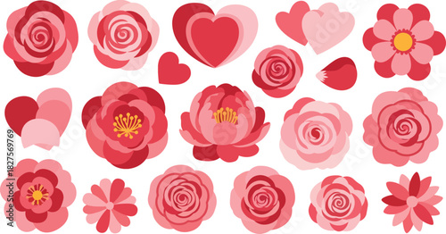 Romantic floral vector set in red and pink tones, ideal for weddings, Valentine’s Day, and love-themed graphics