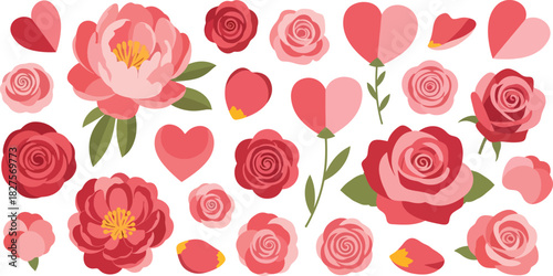 Romantic floral vector set in red and pink tones, ideal for weddings, Valentine’s Day, and love-themed graphics