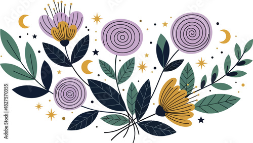 Mystical floral and botanical elements with moon and stars in a flat magical style