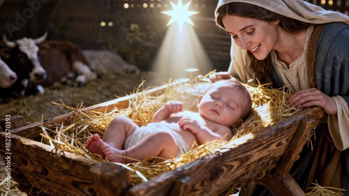 Virgin Mary with baby Jesus Christ. Virgin Mary gently watching how baby Jesus lying in manger under Bethlehem star during Christmas night. Christmas night story, biblical birth xmas concept