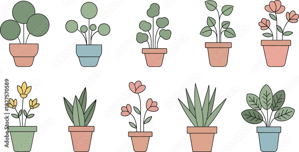 Naklejka premium Cute houseplants and flowers in pots illustrated in flat vector style for home decor themes
