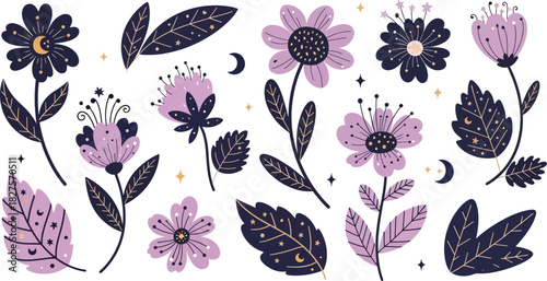 Mystical floral and botanical elements with moon and stars in a flat magical style