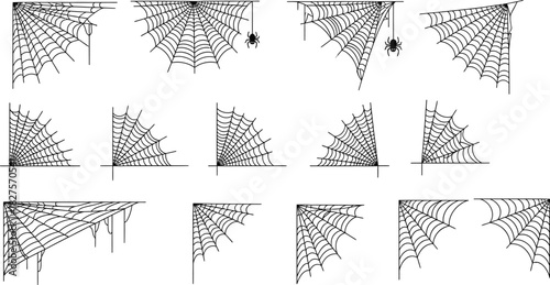 A diverse set of hand-drawn style cobweb corner decorative elements with hanging spiders, isolated vector illustration collection