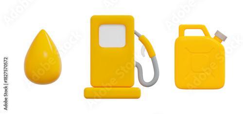 3d set yellow gas pump station, drop, canister for oil, fuel. Stock vector illustration on isolated background.