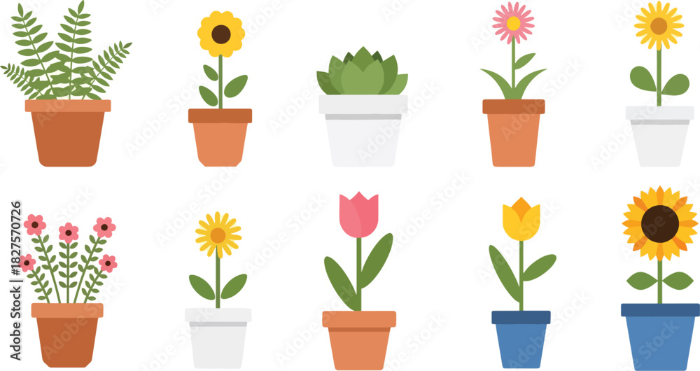 Obraz premium Cute houseplants and flowers in pots illustrated in flat vector style for home decor themes