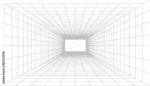 Abstract perspective grid tunnel with bright light at the end, illustrating depth and future possibility in a minimalist white and gray design