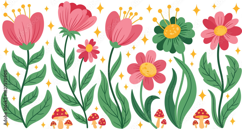 Fototapeta premium Whimsical fairy garden flowers and leaves with mushrooms and magical shapes in a flat playful style