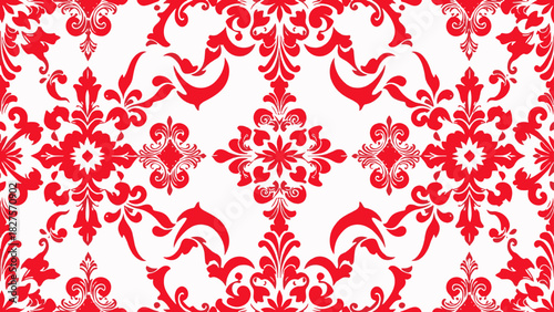 Rich seamless red ornamental pattern with symmetrical flourishes. Traditional damask vector background template for wallpaper and textile.