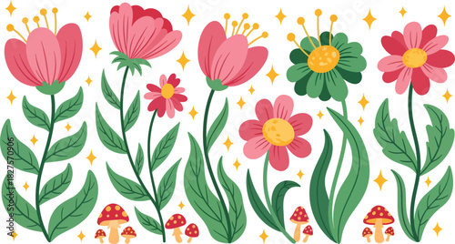 Whimsical fairy garden flowers and leaves with mushrooms and magical shapes in a flat playful style