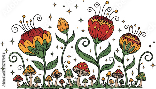 Whimsical fairy garden flowers and leaves with mushrooms and magical shapes in a flat playful style