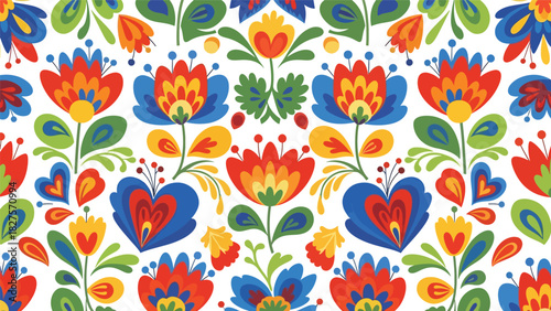 Folk art–inspired flowers and leaves in bold flat shapes and decorative colorful patterns