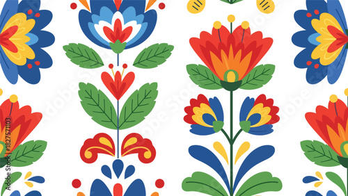 Folk art–inspired flowers and leaves in bold flat shapes and decorative colorful patterns